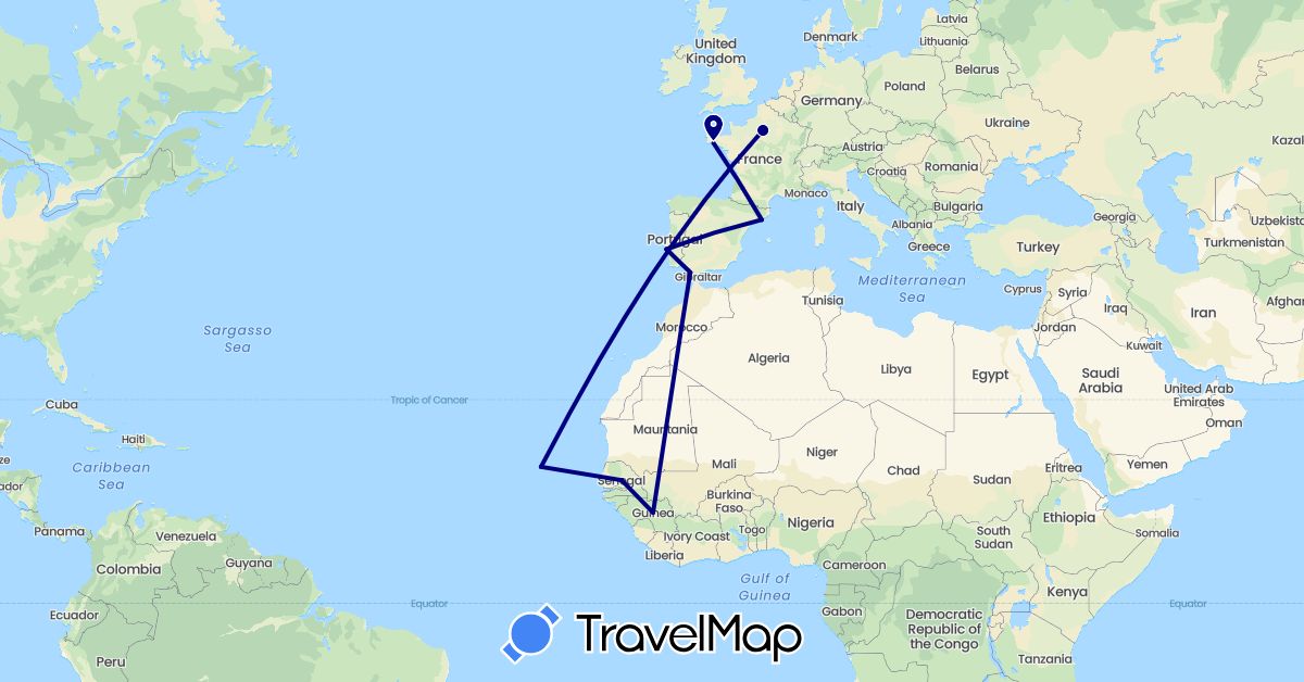 TravelMap itinerary: driving in Cape Verde, Spain, France, Guinea, Morocco, Portugal, Senegal (Africa, Europe)